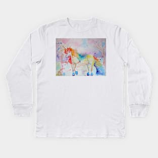 Unicorn Watercolor Painting Rainbow Kids Long Sleeve T-Shirt